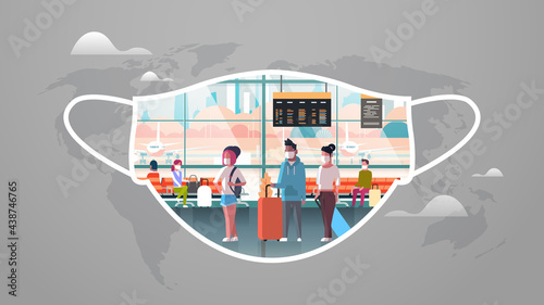 airport terminal with passengers in protective masks coronavirus protection covid 19 pandemic quarantine