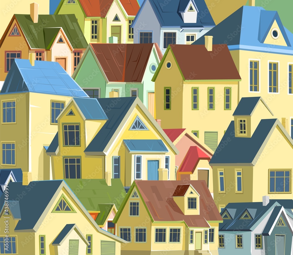 Roofs of houses. A village or a small rural town. Small houses.Small cozy suburban cottages with windows. Street in a cheerful cartoon flat style. Background image. Vector