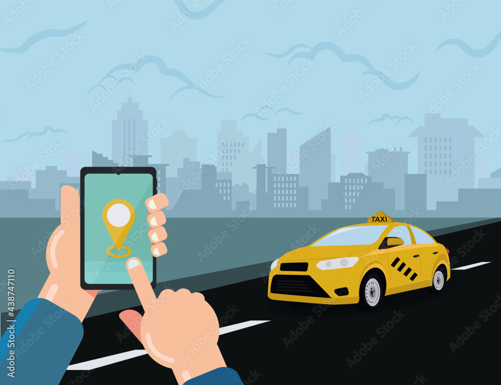 Hand hold phone booking taxi service graphic design vector illustration Hand hold phone booking taxi service graphic design vector illustration
