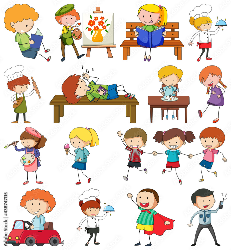 Set of different doodle kids cartoon character isolated