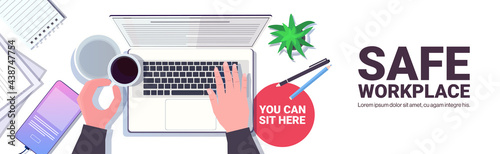 human hands using laptop online communication self isolation coronavirus pandemic quarantine concept