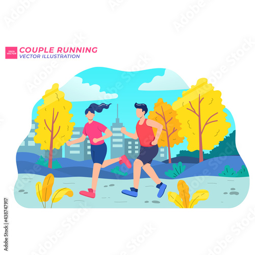 Woman and man jogging .Vector illustration of a healthy lifestyle in a flat style. A couple of people run around on the street. The girl and the guy are engaged in sports outdoors.