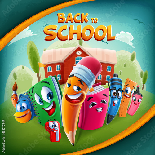 back to school background with cheerful characters school equipment with green lawn and clouds