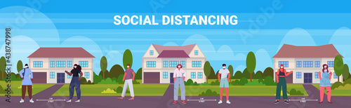 people in protective masks discussing during meeting keeping distance to prevent coronavirus social distancing concept covid-19 pandemic quarantine landscape background full length horizontal vector