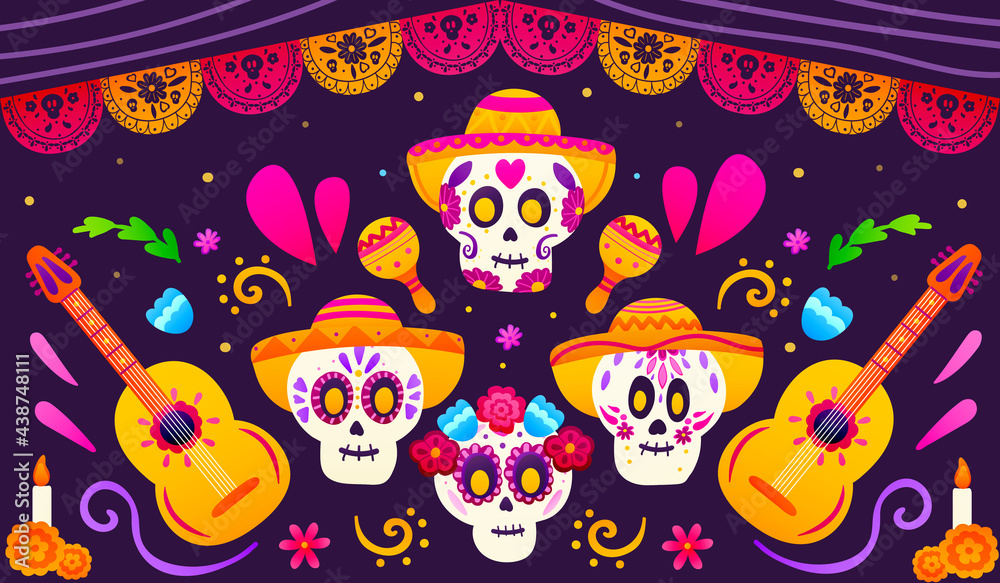 Obraz premium Day of dead mexiacan greeting banner with colourful sugar skulls, guitars and sombrero, paper traditional garland, festival horisontal card, flower elements in cartoon style