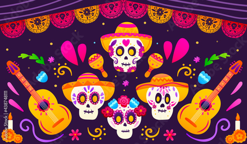 Day of dead mexiacan greeting banner with colourful sugar skulls, guitars and sombrero, paper traditional garland, festival horisontal card, flower elements in cartoon style