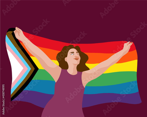 LGBTQIA+ Person with brown hair holding up a Rainbow, Progress Pride Flag 