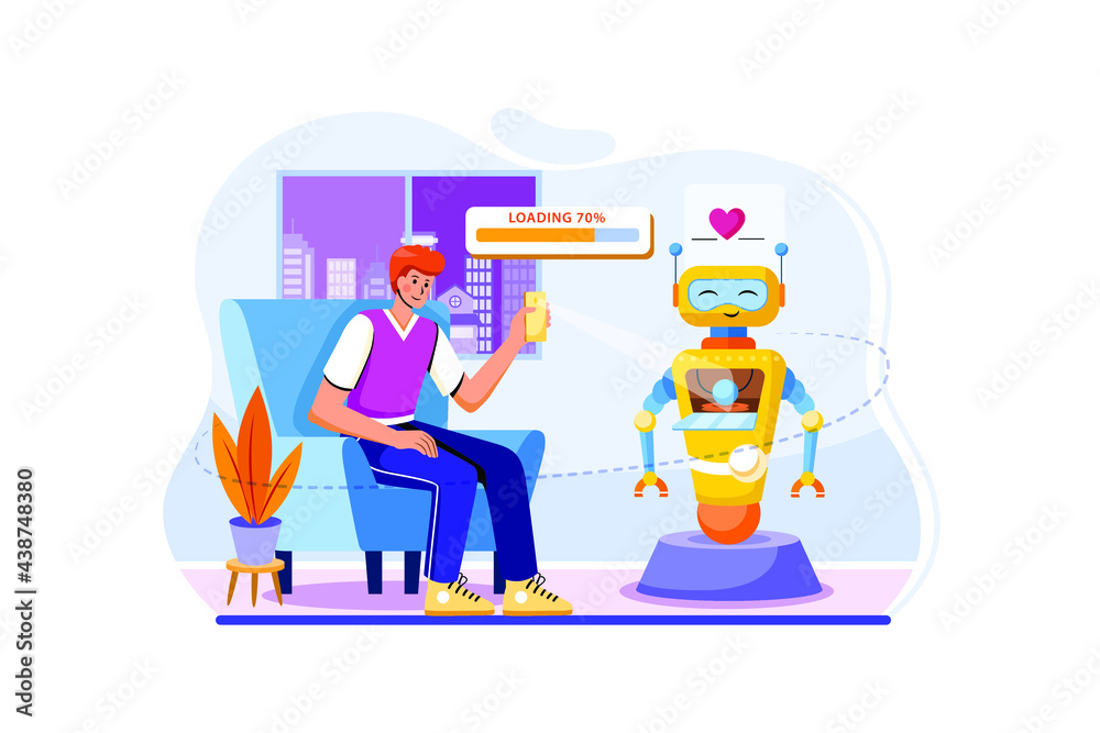 A Man Setting Program for Robotics. Flat illustration isolated on white background. A Man Setting Program for Robotics. Flat illustration isolated on white background.