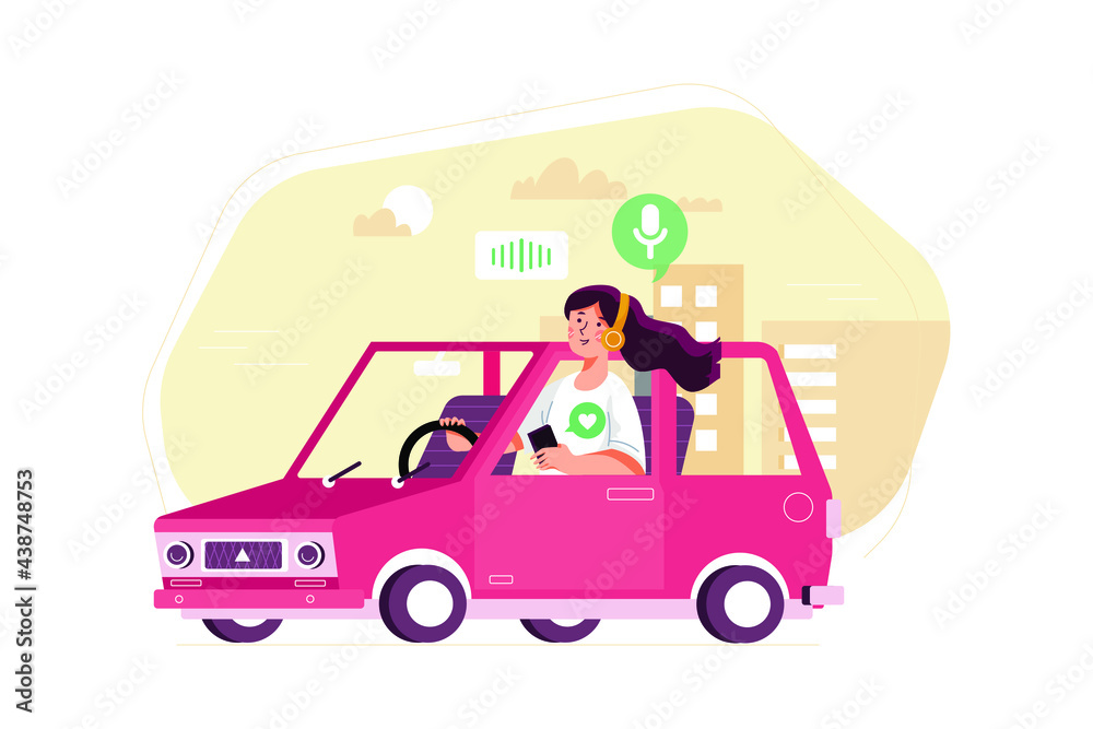 Woman listening to podcast while driving.