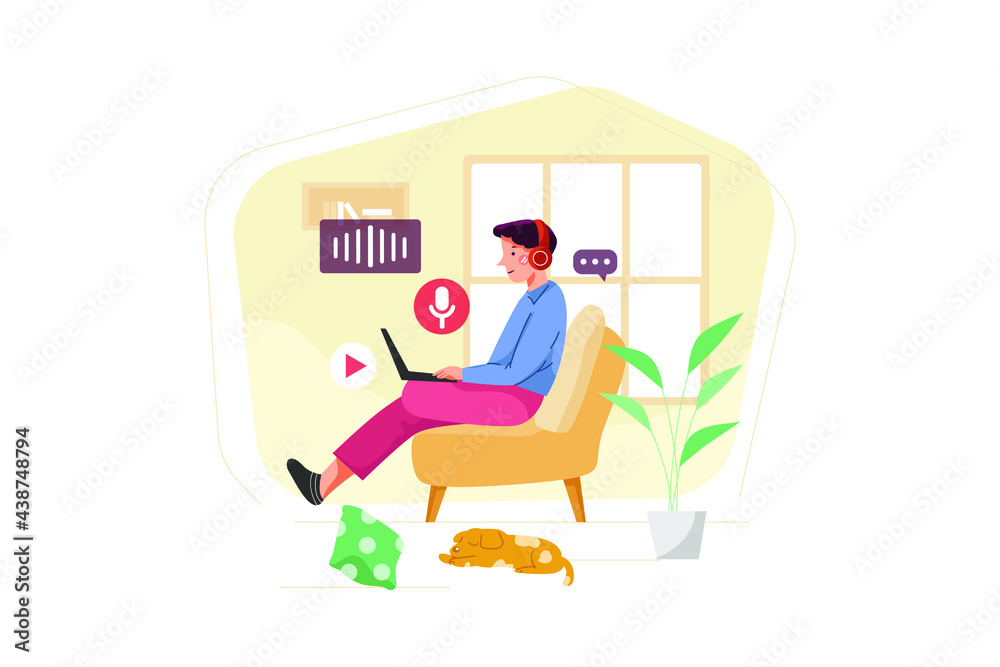Man sitting on sofa and listening to podcast