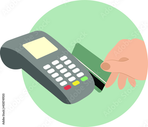 man holding wireless terminal, vector illustration of hand and contactless payment for online wallet or credit card apple pay by phone mobile application electronic money terminal cash transaction