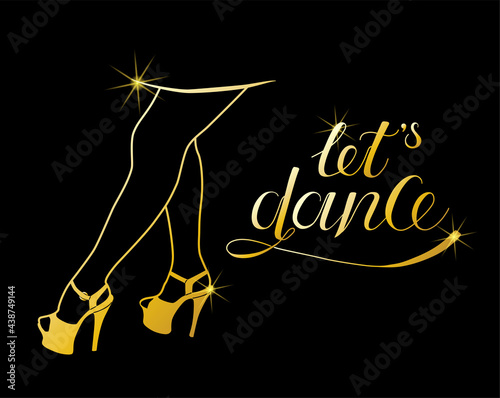 Dance handwritten gold script thin text typography lettering and calligraphy phrase isolated on black background. Vector illustration. Female feet. Design for logo, concept, postcard, print.