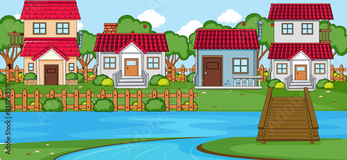 Horizontal scene with many houses and river