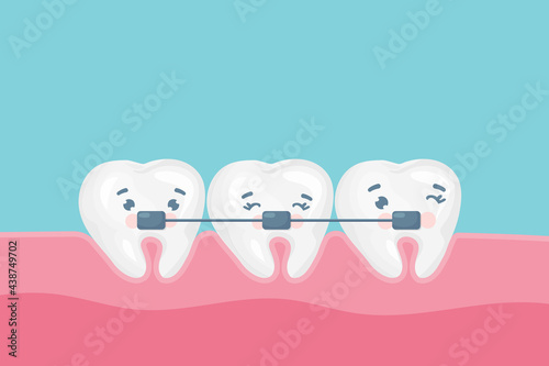 Dental braces vector poster banner template. Cute happy teeth with metal braces. Orthodontic treatment, bite correction 
