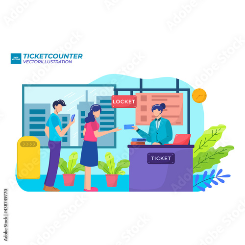 People waiting in line at ticket box or registration counter, vector flat illustration. Characters standing right behind people in one line and keeping social distancing, wearing face masks in other.