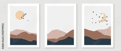 Mountain background wall art vector set. Sunrise and sunset with fog in mountains.  Earth tones landscapes abstract arts wallpaper design for wall framed prints, canvas prints, poster and home decor.