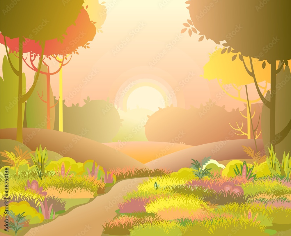 Rural road. Autumn beautiful landscape.Sunset. Cartoon style. Trail. Hills of grass and trees. Path to lush meadows. Romantic beauty. Flat design illustration. Vector art