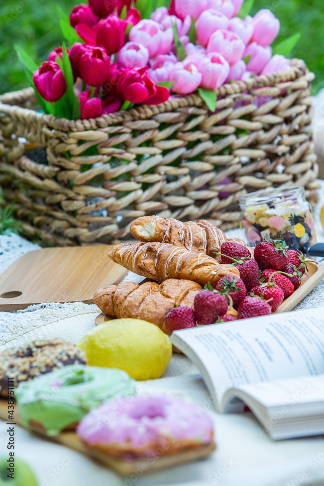 Outdoors picnic in a lush green park with a tasty croissant, fruits, donuts and wine on grass. Summer picnic on the blanket. Outdoors picnic in a lush green park with a tasty croissant, fruits, donuts and wine on grass. Summer picnic on the blanket.