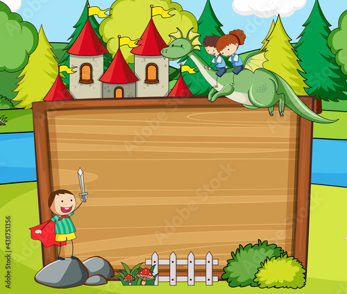 Empty wooden banner in the forest scene with fairy tale cartoon character and...