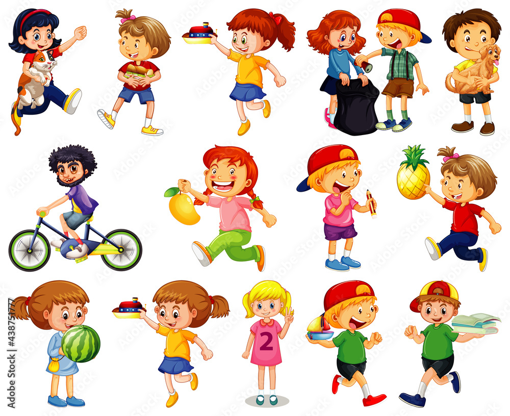 Children doing different activities cartoon character set on white background Children doing different activities cartoon character set on white background