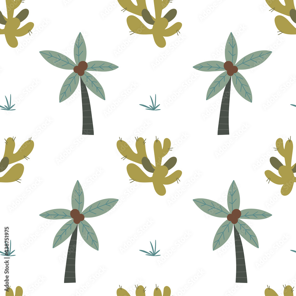 Cute seamless pattern with palm trees and cacti. Vector cartoon illustration with plants. Suitable for design kid textile, wrapping paper, background. Cute seamless pattern with palm trees and cacti. Vector cartoon illustration with plants. Suitable for design kid textile, wrapping paper, background.