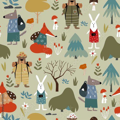 Cute vector seamless pattern with taiga animals. Suitable for design kid textile, wrapping paper, background. Kids animal characters. Vector cartoon illustration.
