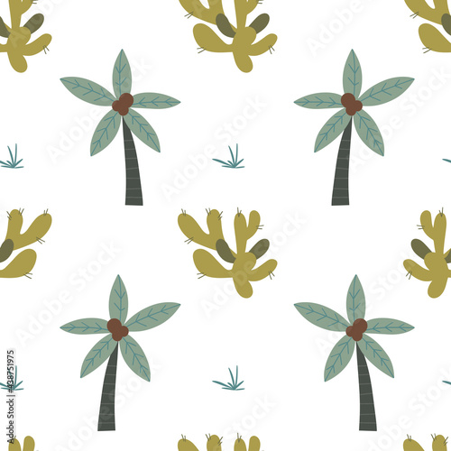 Cute seamless pattern with palm trees and cacti. Vector cartoon illustration ...
