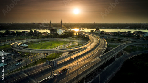 City building at morning with warm sunset. Bangkok Thailand