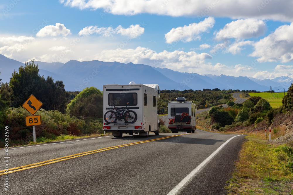 Recreational vehicles on the road between Te Anau and Milford Sound in the South Island of New Zealand