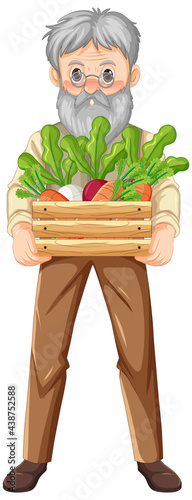 Old farmer man holding wooden crate of vegetable isolated