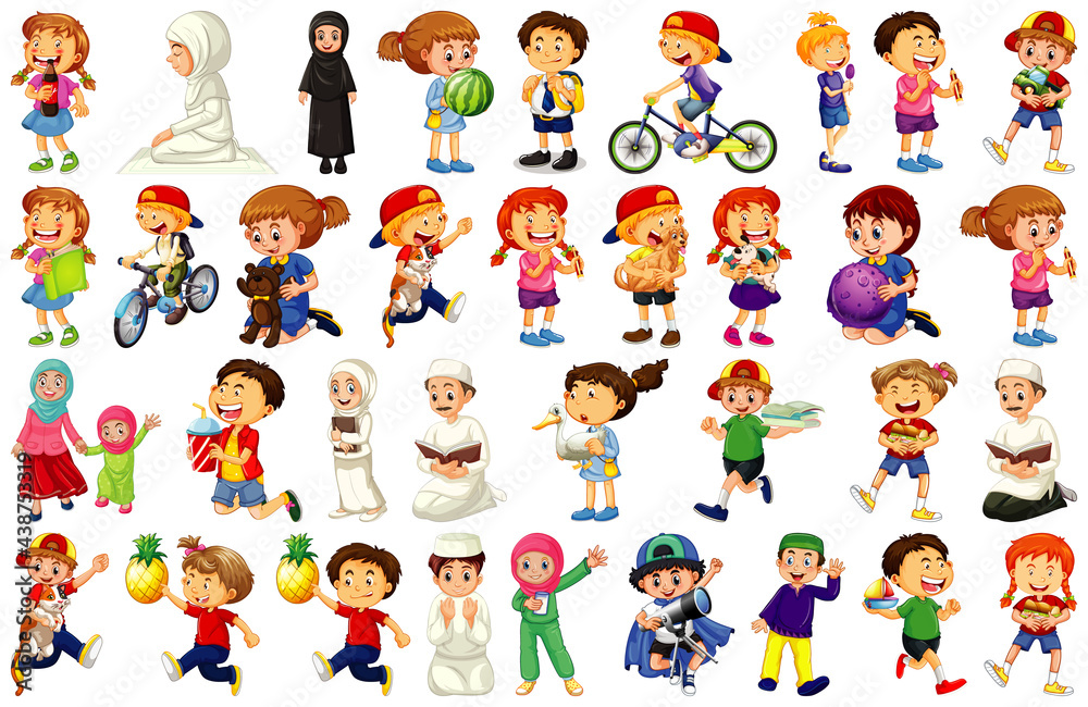 Children doing different activities cartoon character set on white background Children doing different activities cartoon character set on white background