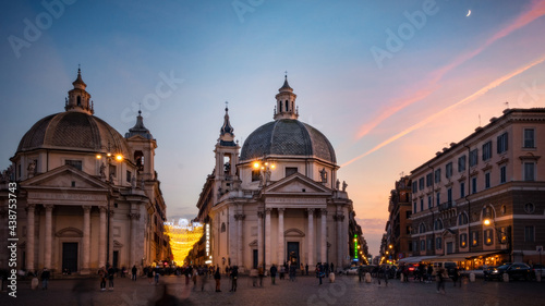 Piazza del Popolo Rome city at night. View of two cathedrals during sunset © Bar
