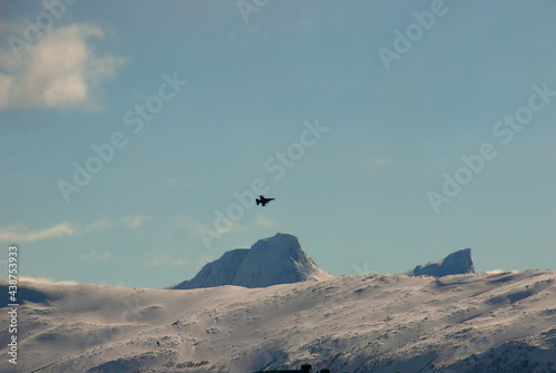 F 16 fighter in the airspace over Bodø city, Norway.