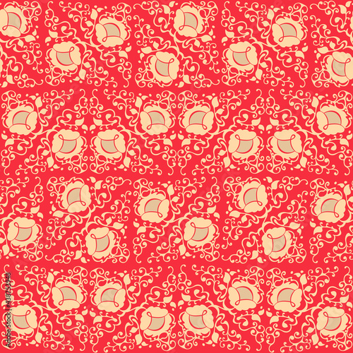 Seamless pattern in the style of Russian printed fabric. Fabulous flesh-colored flowers on a bright red background.