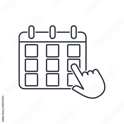 Calendar and hand. Choose, appoint a day. Vector linear icon isolated on white background.