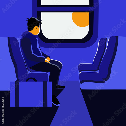 A young guy with a suitcase sits in a train car and looks out the window. Vector illustration.