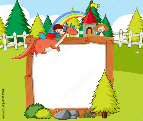 Blank banner in the forest scene with fairy tales cartoon character and elements