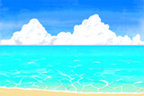 水彩風　夏のエメラルドグリーンの海と砂浜、空と入道雲