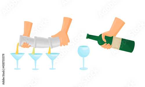 Bartender Hands Pouring and Mixing Cocktails in Glass Vector Set