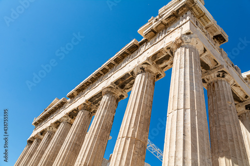 Low angle view of the Parthenon Temple on a bright day. Acropolis in Athens, Greece