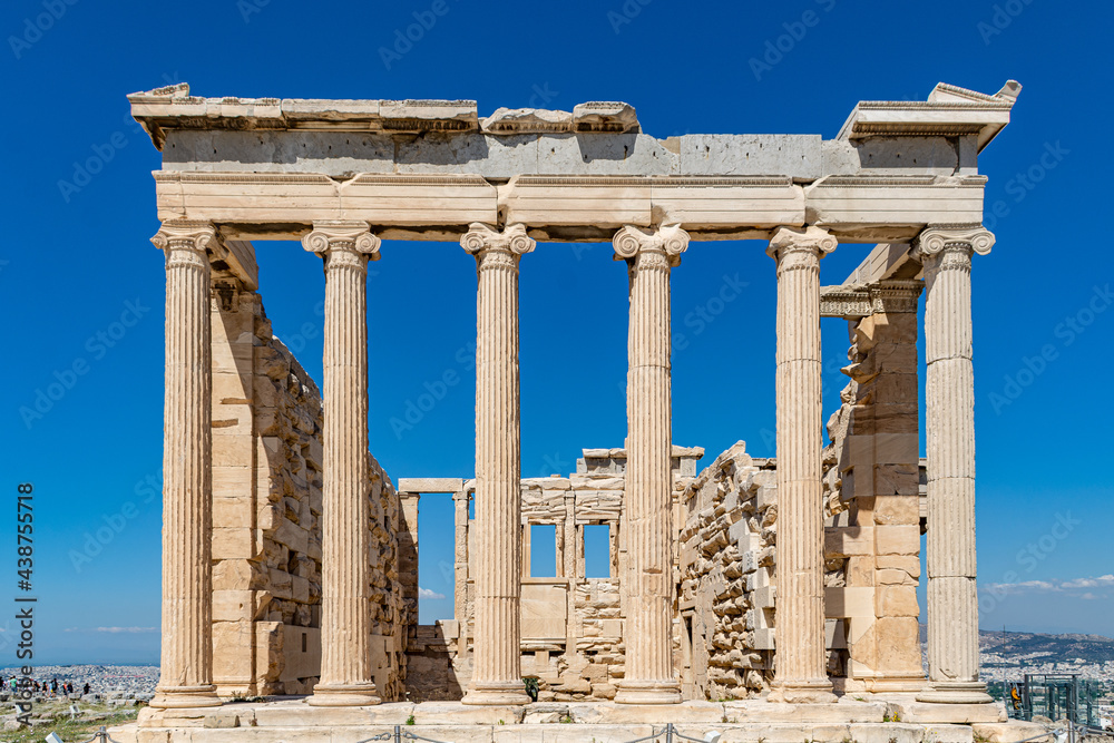 Front view of the Erechtheion Temple on the Acropolis in Athens, Greece