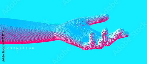 Hand open and ready to help. Human arm giving. Connection structure. Voxel art. 3D vector illustration for medicine, science or technology.