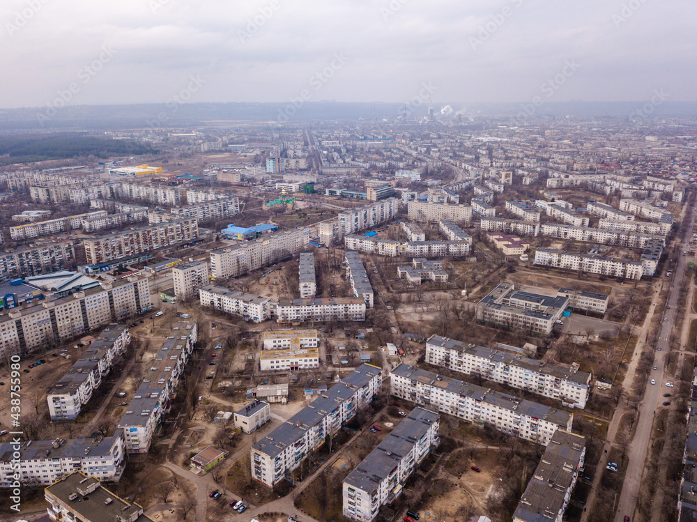 Top view from drone of small city in Ukraine. City scape