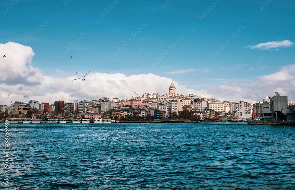 Cityscape with Galata Tower and colorful buildings, Istanbul, Turkey