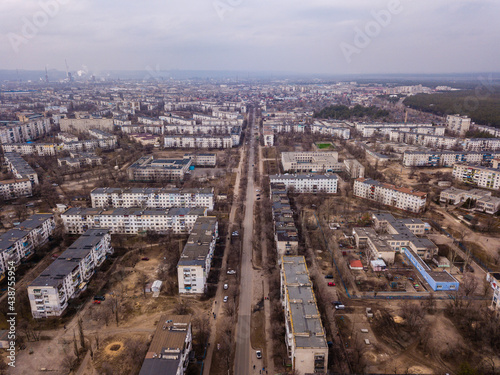 Top view from drone of small city in Ukraine. City scape