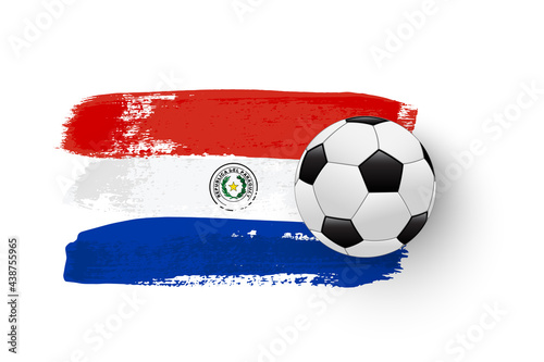 Realistic soccer ball on flag of Paraguay made of brush strokes. Vector football design element.