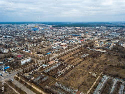 Aerial view from drone of warehouses industrial zone.