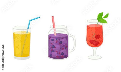 Fresh Refreshing Summer Cocktails with Ice Cubes and Sliced Fruits and Berries in Glass and Jar with Straw Vector Set