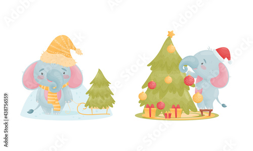 Cute Blue Elephant Character Decorating Fir Tree and Wearing Warm Winter Hat Vector Set