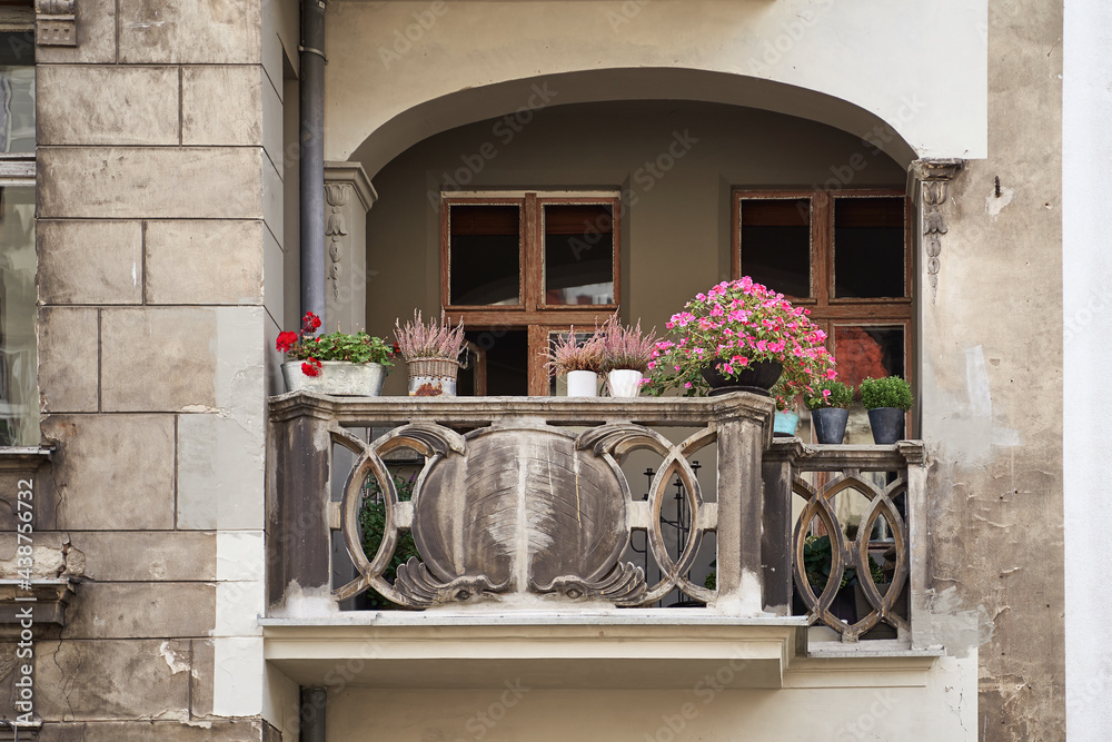 Cozy old balcony in Gdansk, poland. European architecture details.
